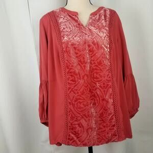St. John's Bay Women Pink boho peasant blouse velvet art detail embroidered - 0X